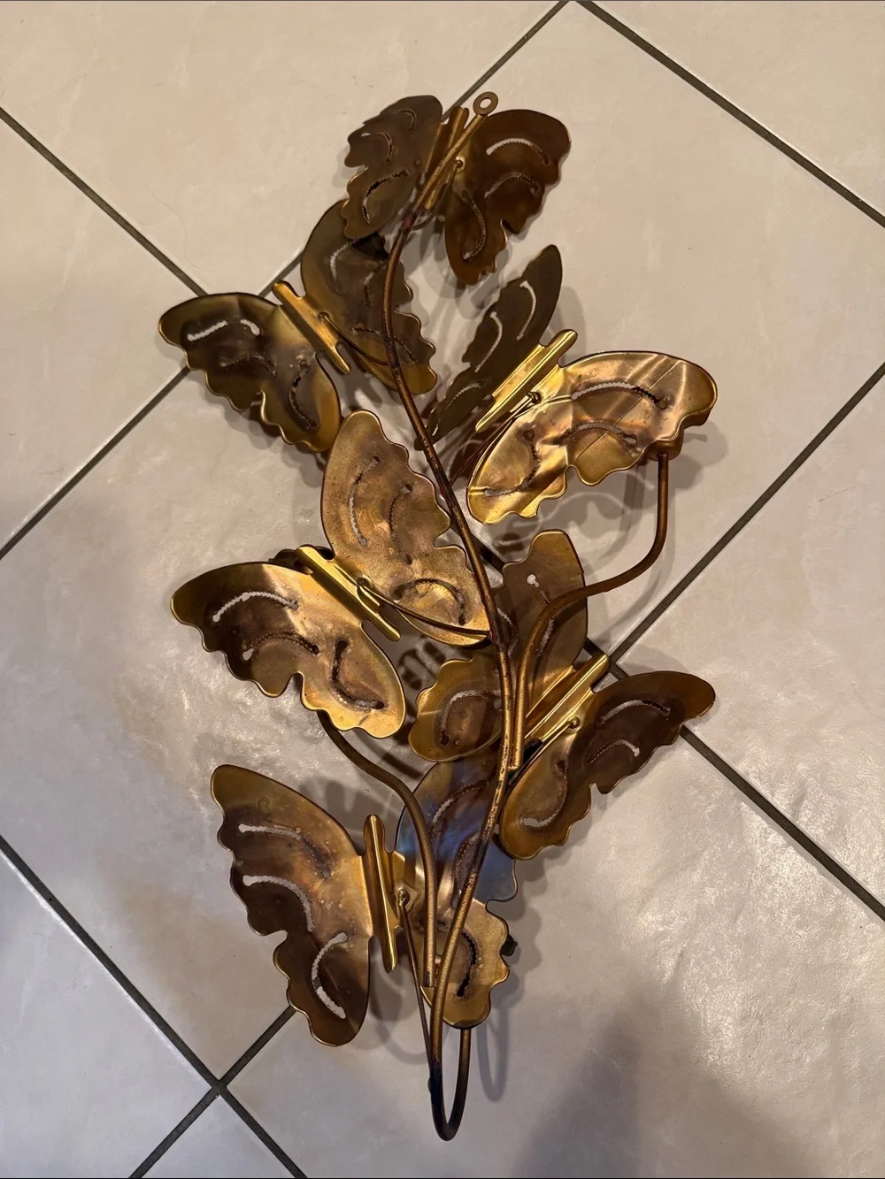 Vintage Brass Tone Butterfly Candle Holder Wall Sconce Metal Art MCM